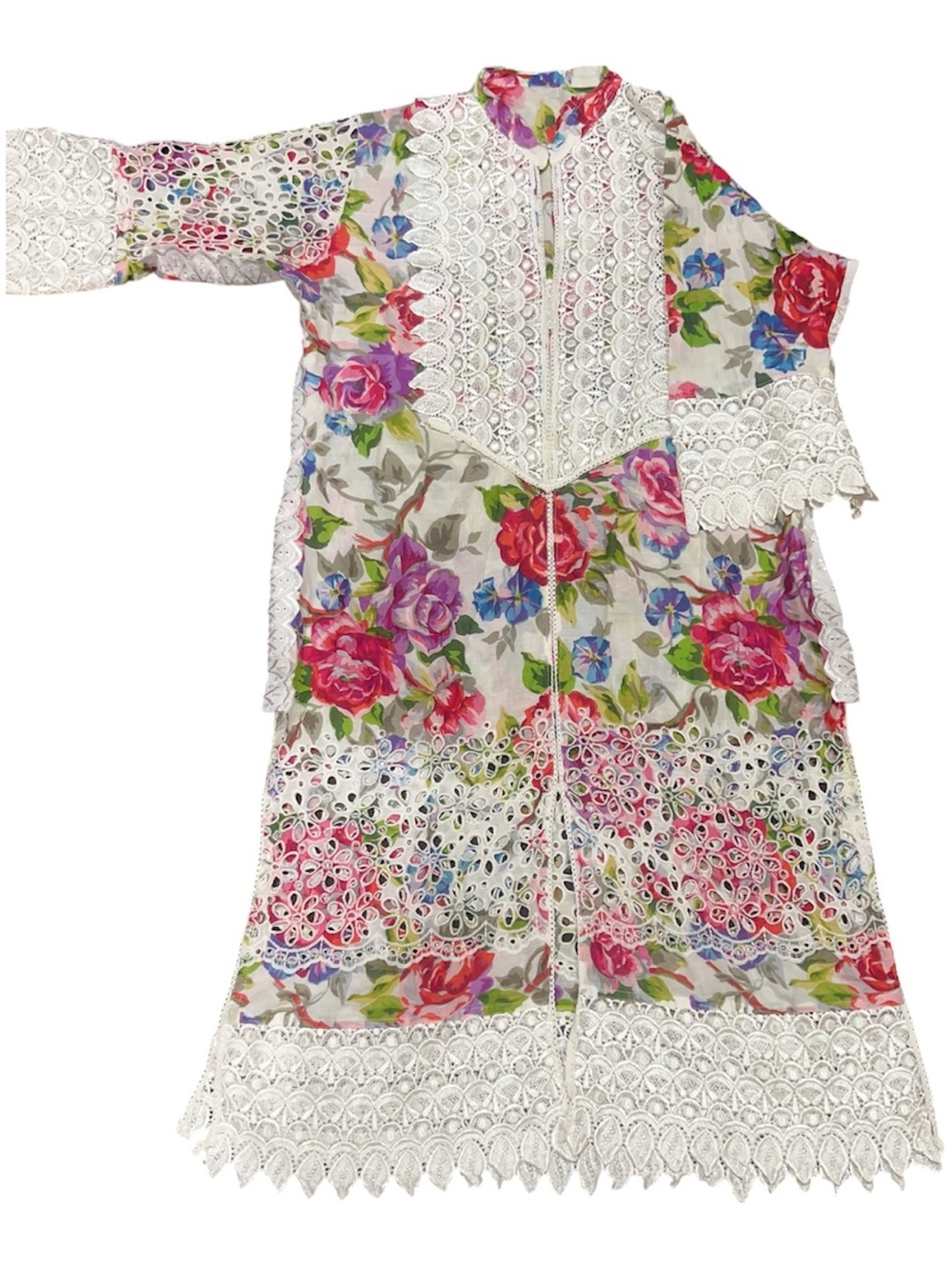Pakistani Floral Lace-Trim Pajama Set — White with Pink & Purple Flower